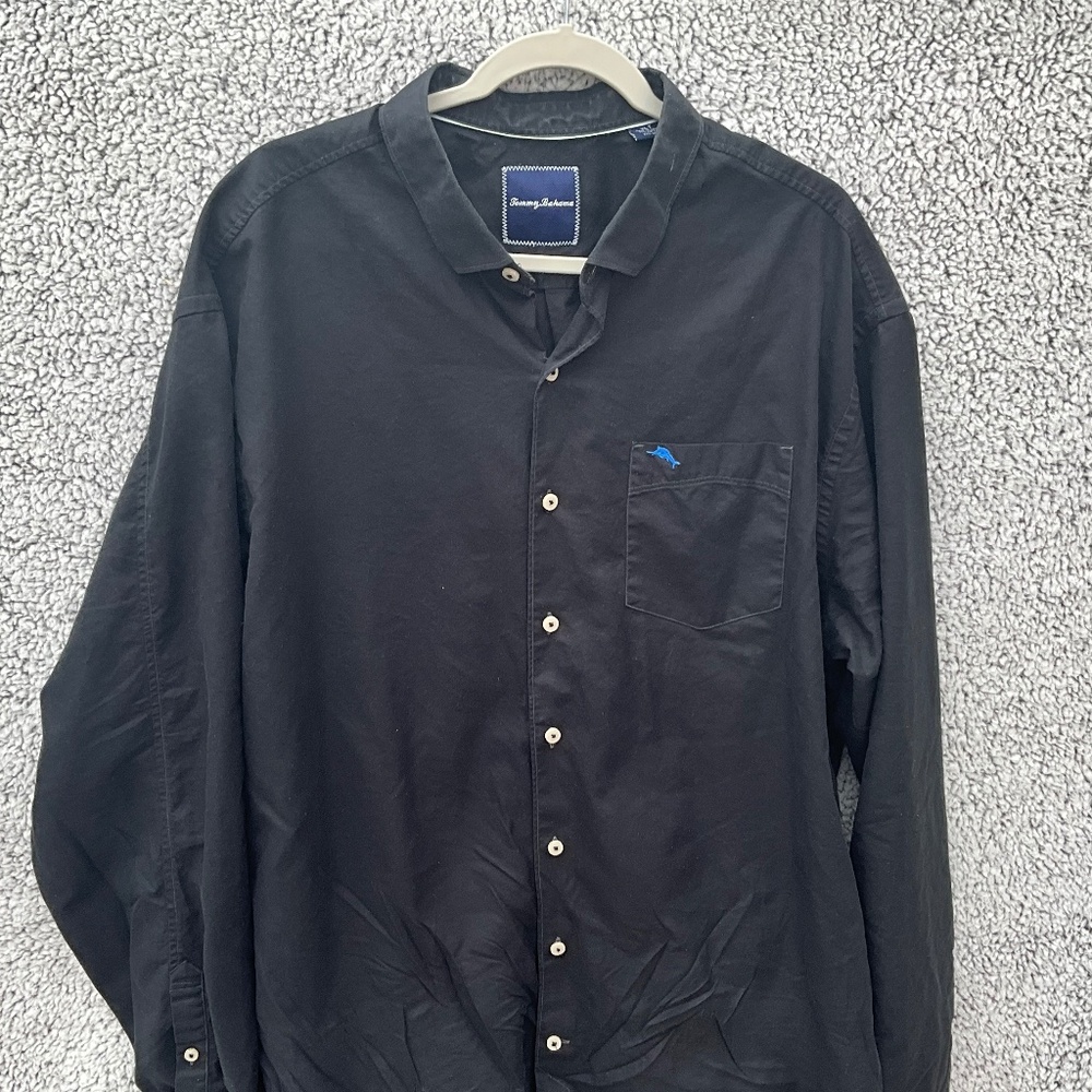 Tommy Bahama cotton and silk blend black button down shirt.  Size XLT